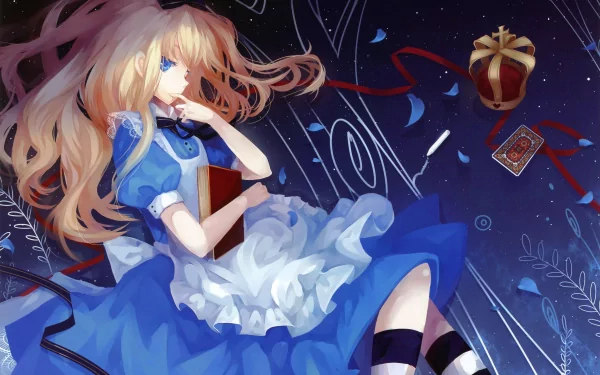 A whimsical anime illustration featuring Alice from Alice in Wonderland, with flowing hair, a blue dress, and elements of fantasy, designed as a 4K Ultra HD desktop wallpaper.