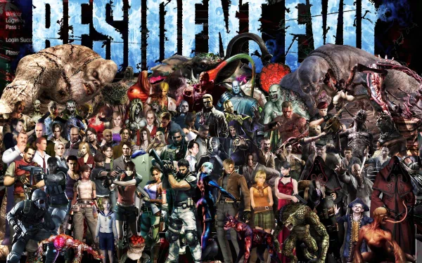 A dynamic HD wallpaper featuring a collage of iconic characters and monsters from the Resident Evil video game series, set against a dark, atmospheric backdrop.