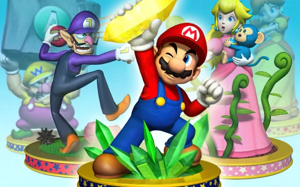 HD PC desktop wallpaper featuring Mario and other characters from the Mario video game series in vibrant, action-packed poses.