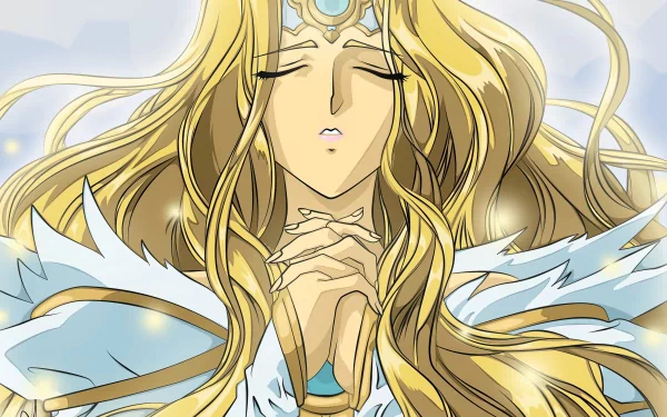 Anime-style HD desktop wallpaper featuring a serene character from Magic Knight Rayearth with long flowing blonde hair and a glowing crown, eyes closed in peaceful meditation.
