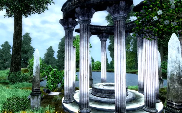 HD PC desktop wallpaper of a wayshrine from The Elder Scrolls IV: Oblivion, featuring ancient stone columns surrounded by lush greenery and a tranquil lake.