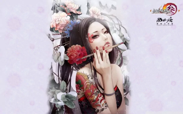 HD PC desktop wallpaper featuring a stylized character from the video game JX Online with floral and tattoo art elements on a light, textured background.