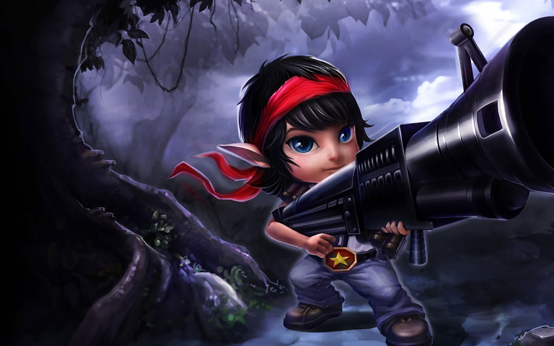 Tristana (League of Legends) HD PC desktop wallpaper: chibi blue-eyed Yordle with red headband aiming an oversized cannon in a moody moonlit forest — video game artwork.