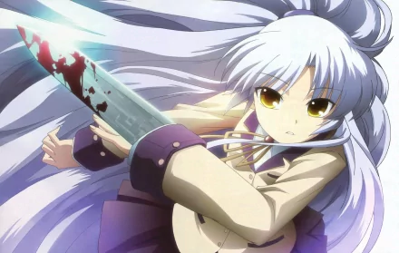 HD anime desktop wallpaper featuring Kanade Tachibana from Angel Beats! holding a blood-stained knife with a determined expression and flowing white hair.
