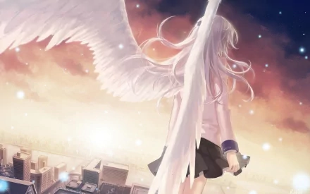 Kanade Tachibana from Angel Beats! depicted as an angel with large white wings overlooking a glowing city at sunset — 2K Quad HD PC desktop wallpaper/background.