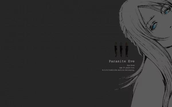 HD PC desktop wallpaper for the video game Parasite Eve: minimalist dark background with a half-portrait of the game's protagonist, pale hair and a single glowing blue eye.