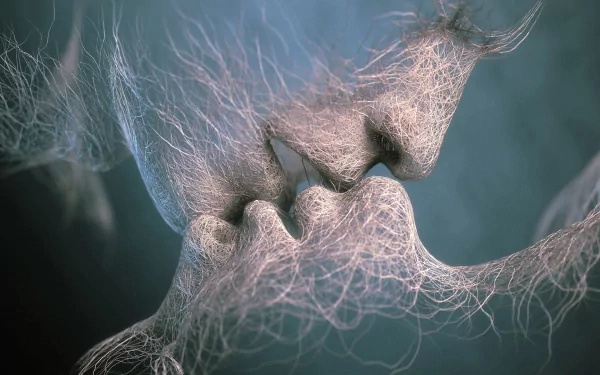 Artistic depiction of a romantic kiss, with intertwined abstract lines forming the faces, set against a serene background. This HD wallpaper evokes a sense of love and intimacy.