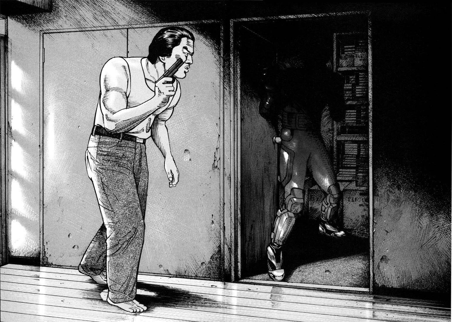 Black-and-white anime scene from Ichi the Killer featuring two tense male characters in a dimly lit, narrow interior space, rendered in HD quality for PC desktop wallpaper.
