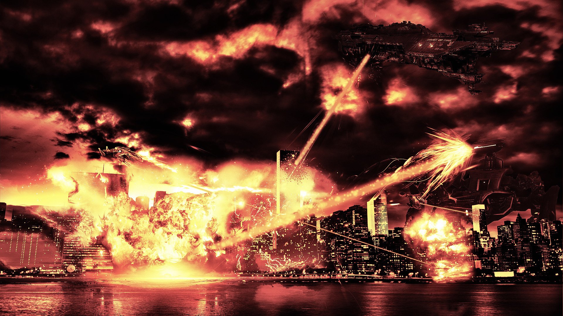 HD PC desktop wallpaper: sci‑fi apocalyptic city with blazing skies, streaking fire-beams and explosions ripping skyscrapers along the waterfront.
