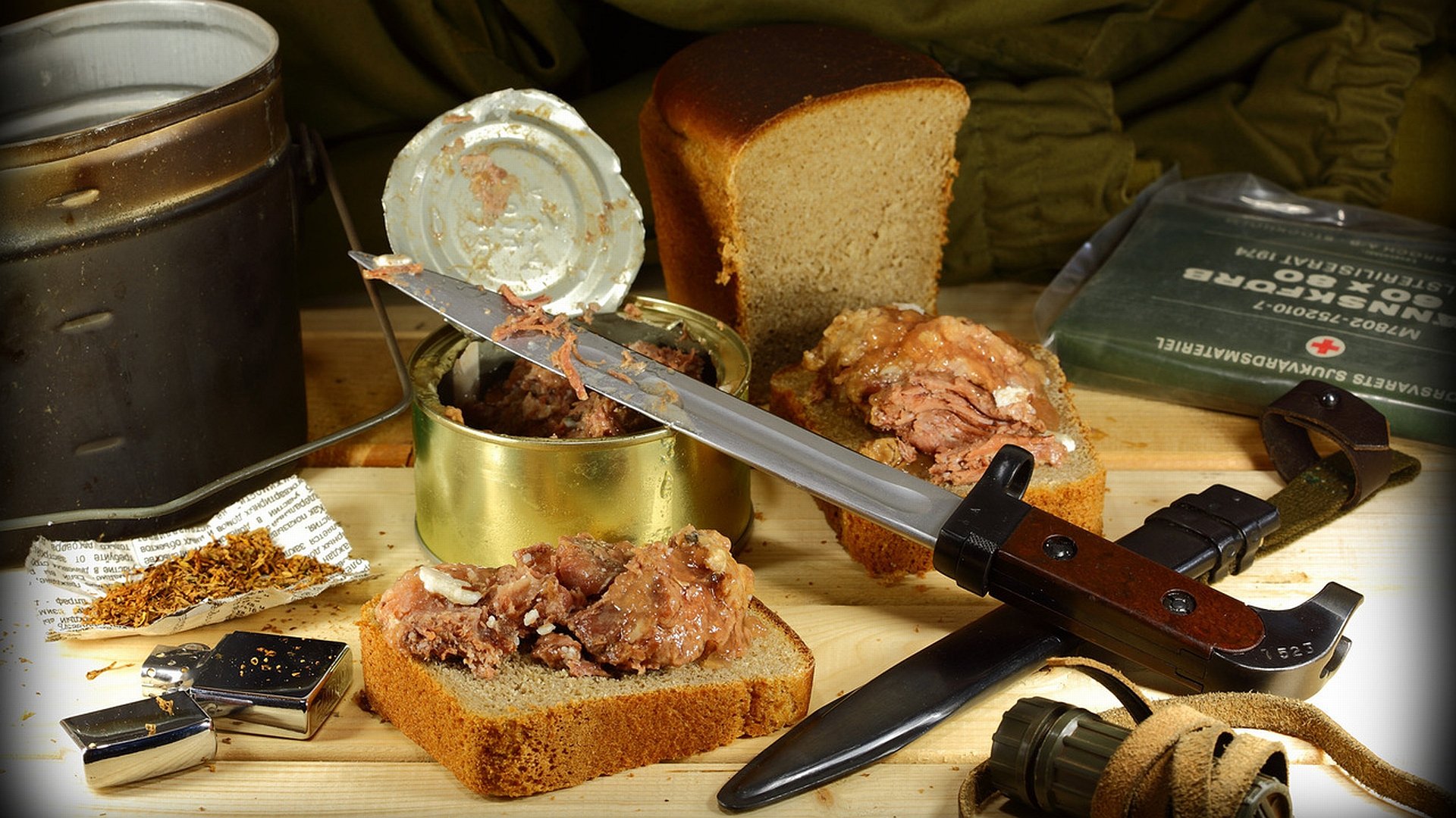 A high-definition wallpaper featuring a man-made scene with a knife, showcasing canned food and bread laid out on a wooden surface, capturing a rugged, survivalist aesthetic.