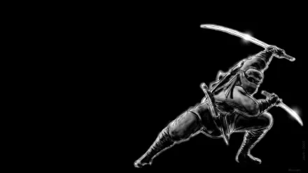 HD PC desktop wallpaper and background: high-contrast fantasy ninja crouches with raised glowing katana against a black backdrop.
