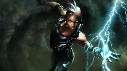 High-definition image of Storm from Marvel Comics, showcasing her powerful presence in Marvel Ultimate Alliance, surrounded by electricity and dark stormy elements.