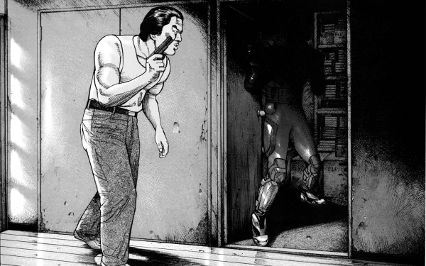 Black-and-white anime scene from Ichi the Killer featuring two tense male characters in a dimly lit, narrow interior space, rendered in HD quality for PC desktop wallpaper.