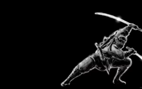 HD PC desktop wallpaper and background: high-contrast fantasy ninja crouches with raised glowing katana against a black backdrop.
