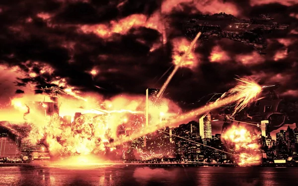 HD PC desktop wallpaper: sci‑fi apocalyptic city with blazing skies, streaking fire-beams and explosions ripping skyscrapers along the waterfront.