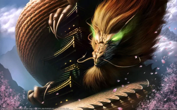 A vibrant HD wallpaper featuring an oriental dragon, embodying the fantasy elements of the Legend of the Five Rings, with striking green eyes and intricate details against a serene backdrop.
