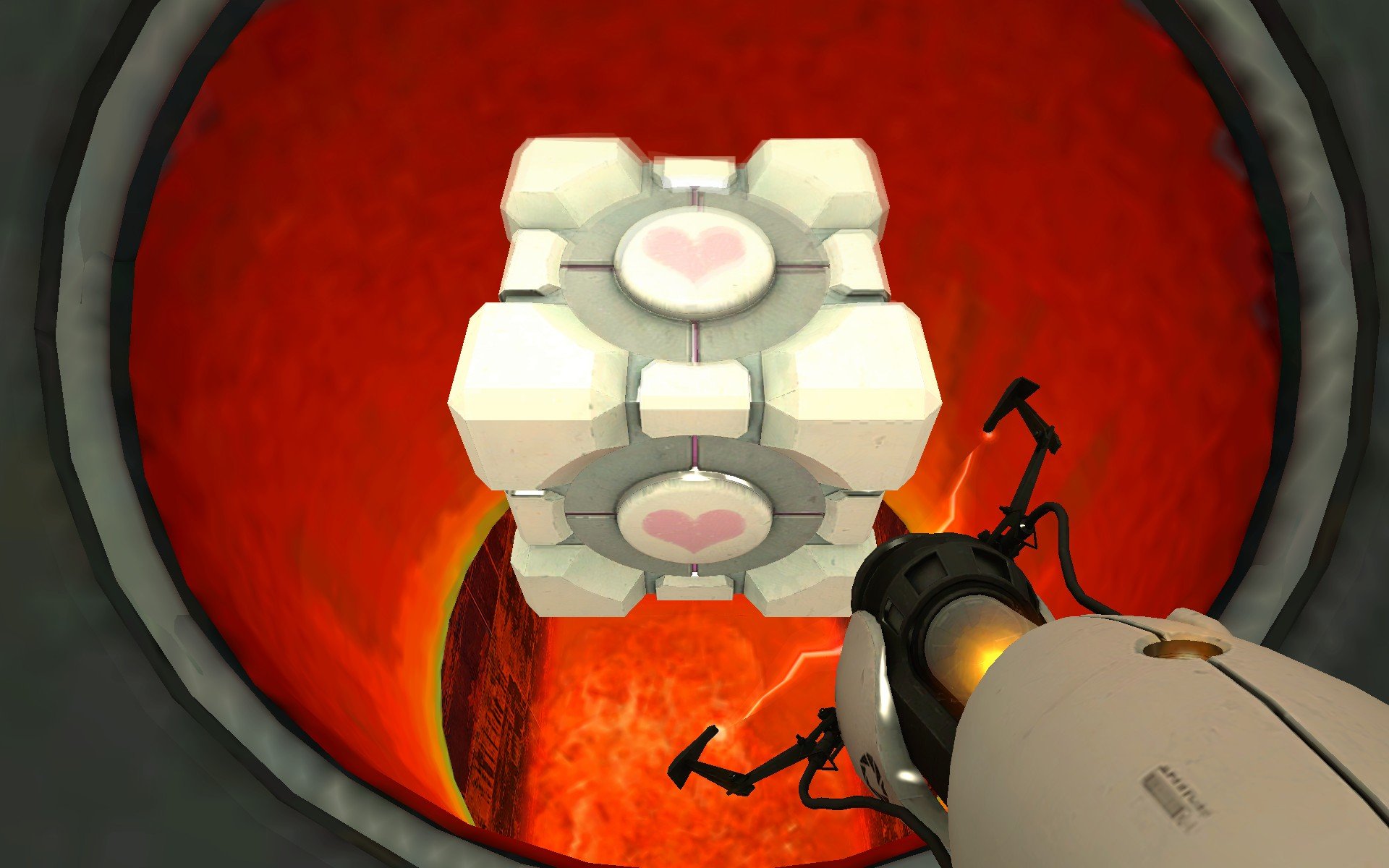 HD PC desktop wallpaper: Companion Cube from Portal floats above molten lava, viewed from the Aperture Science portal gun — Portal (video game) artwork.