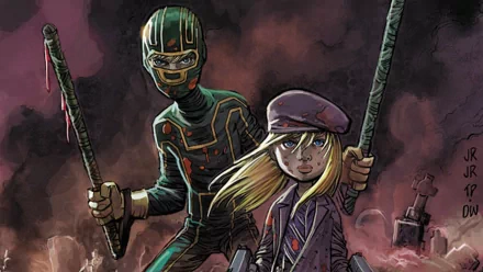 HD PC desktop wallpaper featuring Hit-Girl from the Kick-Ass comic series, showcasing her in action-ready poses with dark, smoky background.