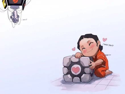 A charming HD wallpaper featuring Chell from the video game Portal, lovingly hugging a companion cube adorned with a heart, capturing the game's whimsical spirit.