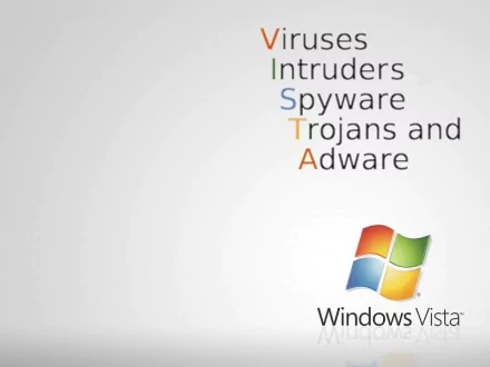A sleek HD desktop wallpaper featuring the Windows Vista logo, creatively incorporating the acronym VISTA with a focus on computer security threats.