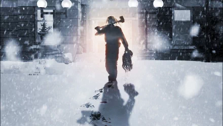 HD PC desktop wallpaper featuring a snowy scene from the movie Wrong Turn 4: Bloody Beginnings with a silhouette carrying an axe and a severed head.