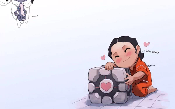A charming HD wallpaper featuring Chell from the video game Portal, lovingly hugging a companion cube adorned with a heart, capturing the game's whimsical spirit.