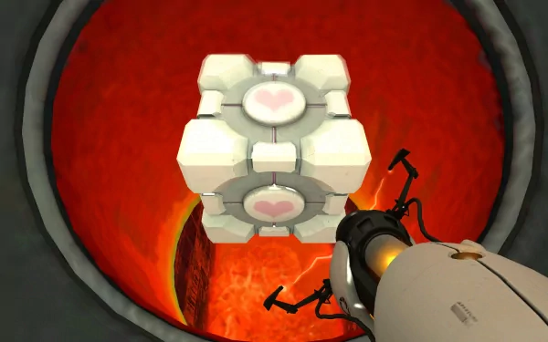 HD PC desktop wallpaper: Companion Cube from Portal floats above molten lava, viewed from the Aperture Science portal gun — Portal (video game) artwork.