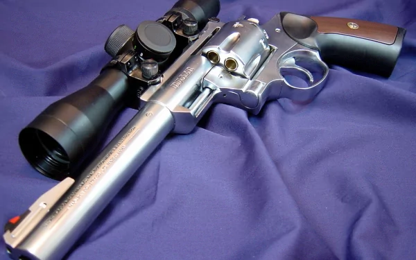 High-definition desktop wallpaper featuring a Ruger revolver with a mounted scope resting on a blue fabric background.
