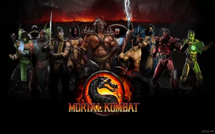 HD desktop wallpaper featuring a dramatic scene from the video game Mortal Kombat, showcasing a lineup of iconic characters with a fiery background and the game's logo prominently displayed.
