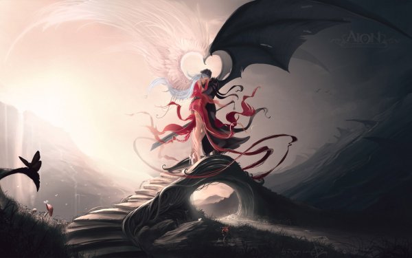 Fantasy Love Couple Angel Demon Wings Sword HD Wallpaper | Background Image