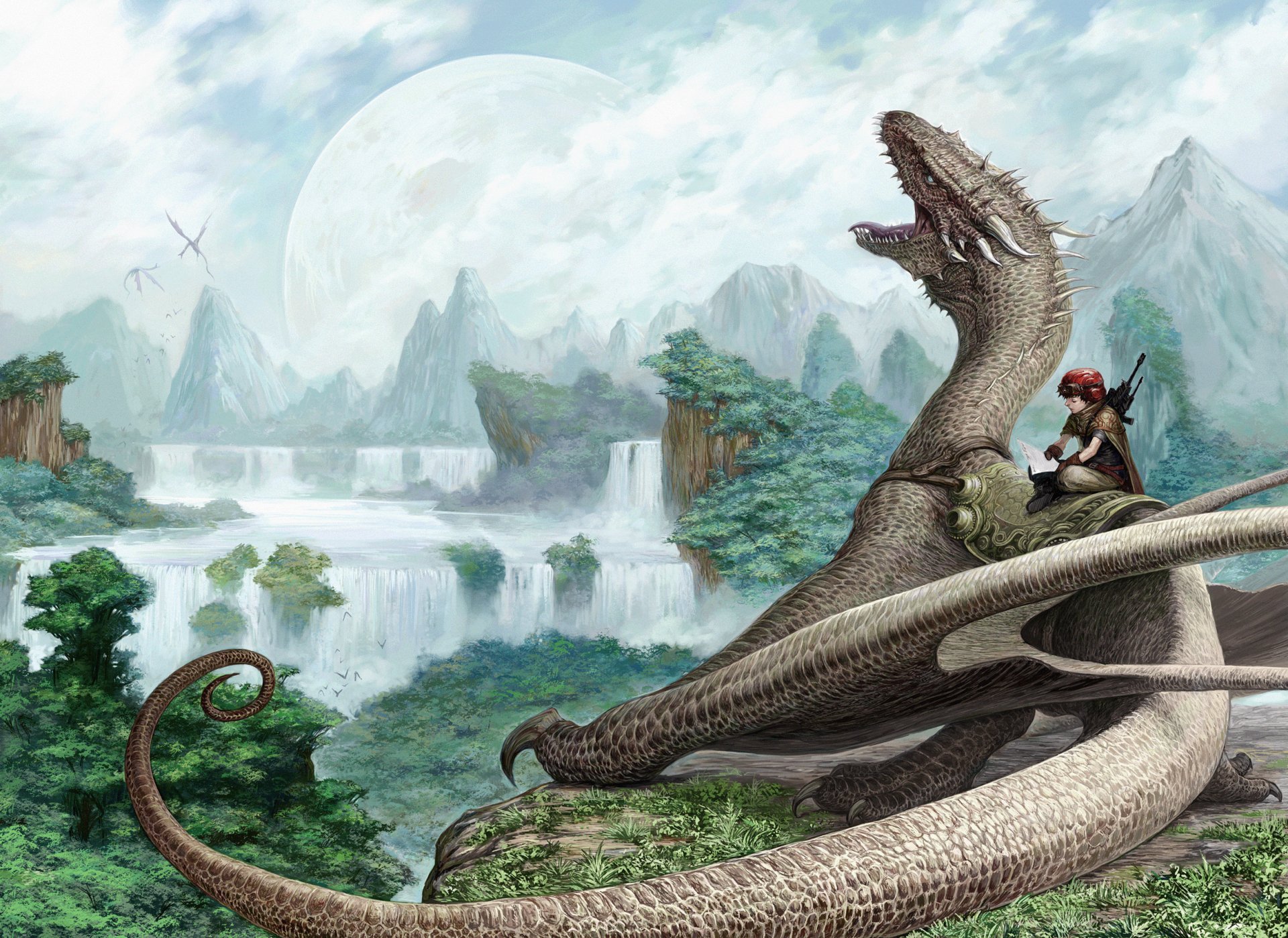 HD fantasy PC desktop wallpaper featuring a majestic dragon and its rider overlooking a lush, mountainous landscape with waterfalls and a large moon in the sky.