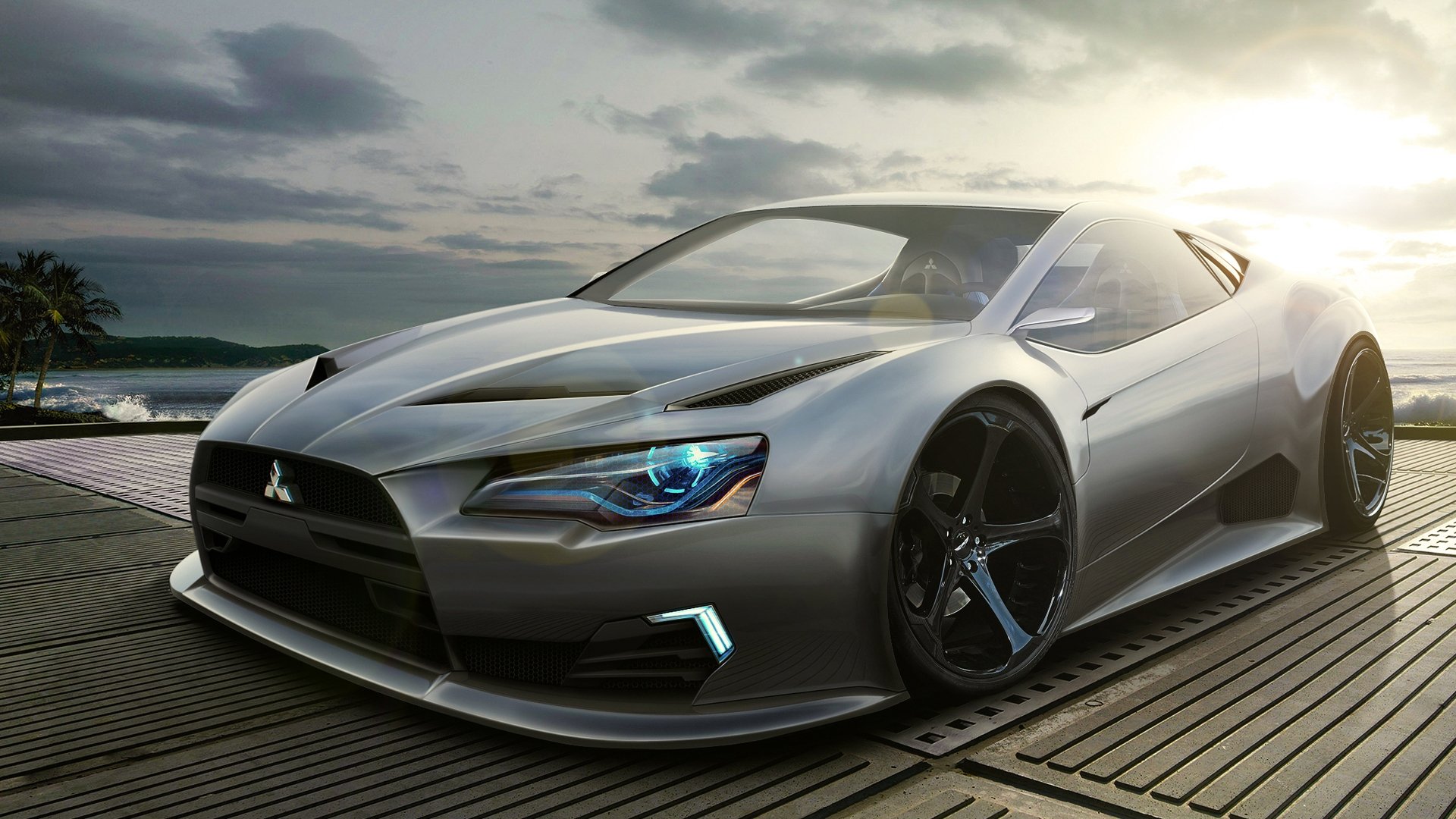 HD PC desktop wallpaper/background: sleek silver Mitsubishi sports vehicle on a waterfront deck at sunset, low profile stance with glowing blue headlights.