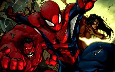 HD desktop wallpaper featuring Marvel Comics characters Red Hulk, Spider-Woman, and Spider-Man, dramatically posed amidst action and destruction.