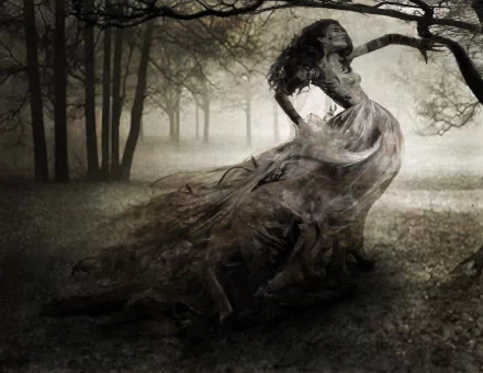 A dark fantasy HD wallpaper depicting an evil elf zombie in a flowing dress emerging from a misty forest, blending eerie and supernatural elements.