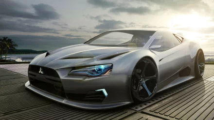 HD PC desktop wallpaper/background: sleek silver Mitsubishi sports vehicle on a waterfront deck at sunset, low profile stance with glowing blue headlights.