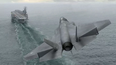 A Lockheed Martin F-35 Lightning II warplane soars over the ocean, with a military aircraft carrier visible in the background, showcasing advanced military technology.