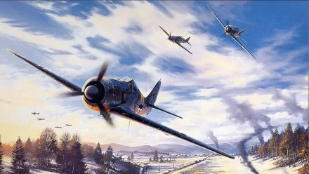 HD desktop wallpaper depicting three Focke-Wulf Fw 190 military planes flying over a snowy landscape with a dramatic sky and distant smoke plumes.