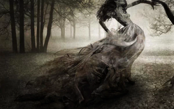 A dark fantasy HD wallpaper depicting an evil elf zombie in a flowing dress emerging from a misty forest, blending eerie and supernatural elements.