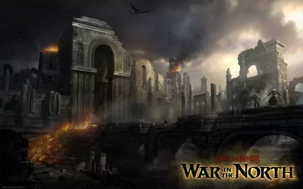 HD PC desktop wallpaper featuring a dark, ruined landscape from the video game The Lord of the Rings: War in the North.