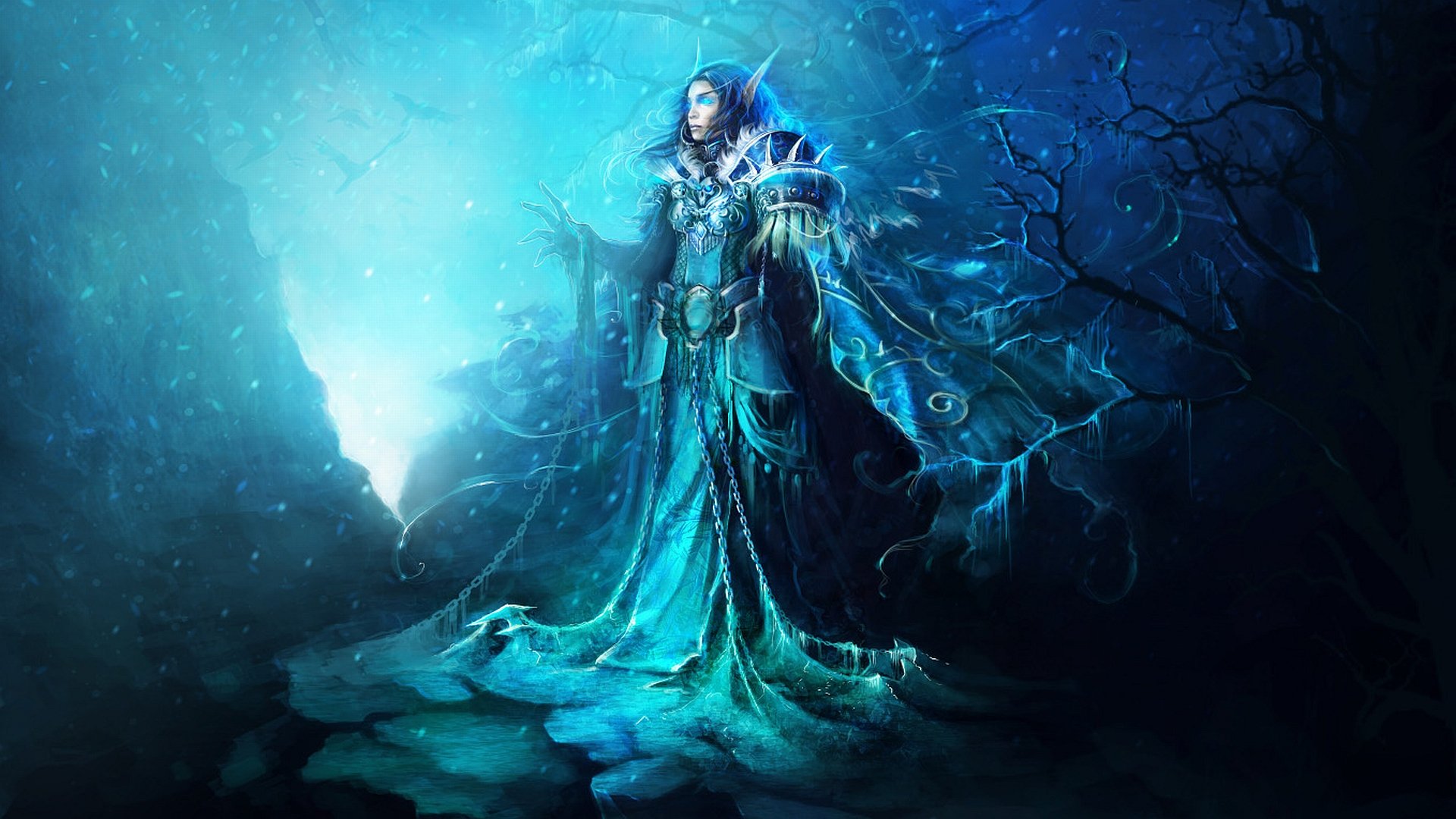 A mystical elf stands amidst a glowing blue backdrop, draped in a flowing robe, exuding an aura of magical energy. This HD wallpaper captures a enchanting fantasy scene.