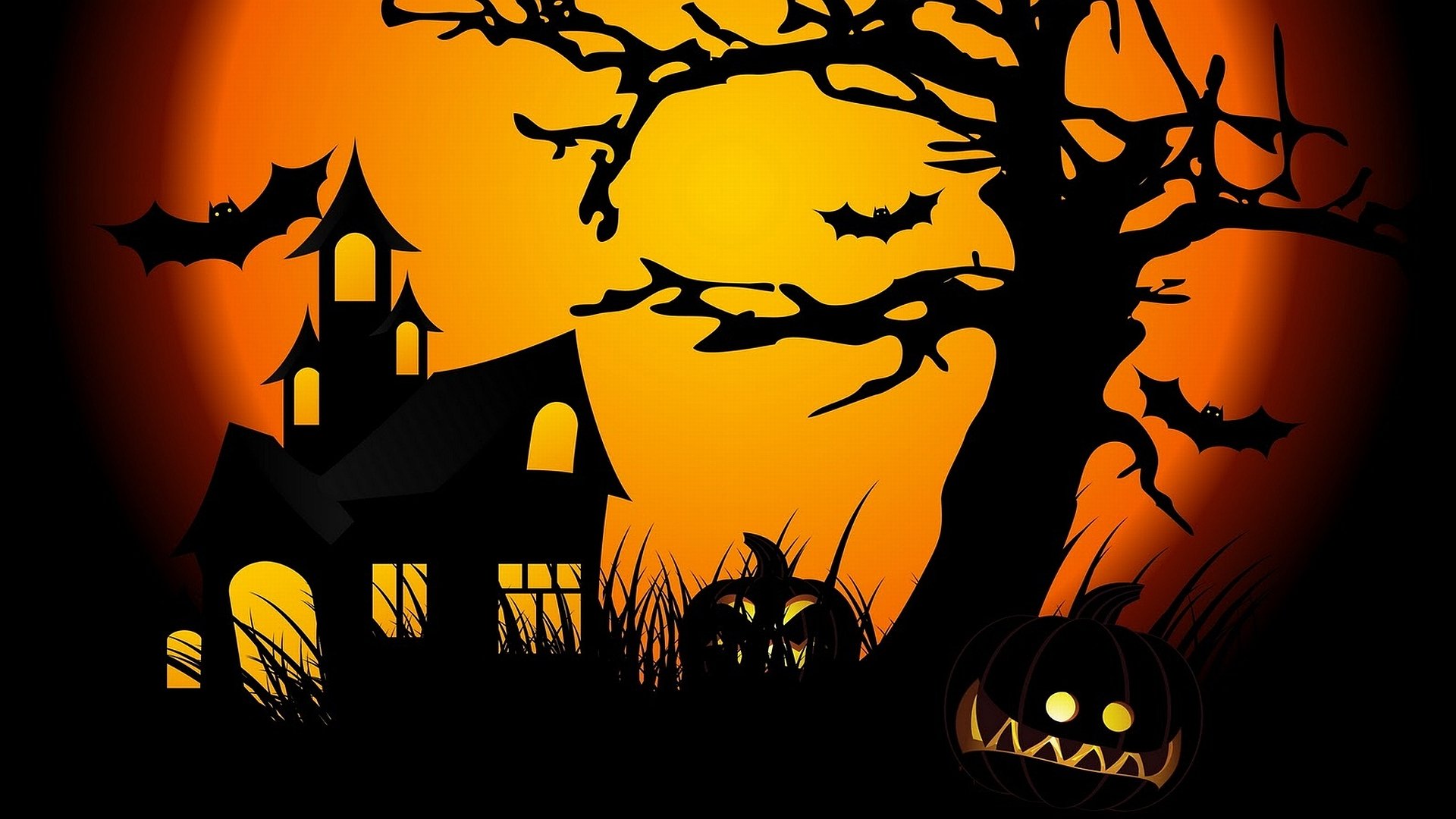 HD Halloween holiday desktop wallpaper featuring a spooky haunted house, bats, a twisted tree, and glowing jack-o'-lanterns against an orange full moon background.