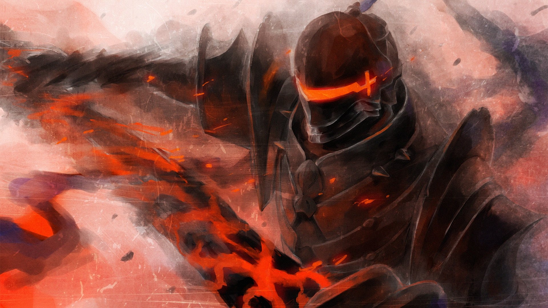 A fierce fantasy warrior in dark armor, wielding a fiery weapon, set against a dramatic backdrop of swirling red and gray, making for an impactful HD desktop wallpaper.