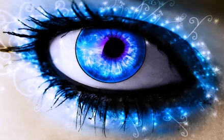 HD desktop wallpaper featuring a close-up of a woman's vibrant blue eye, surrounded by sparkling, ethereal accents.