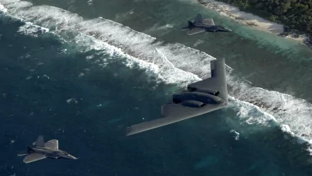 A striking HD wallpaper featuring military stealth aircraft soaring above scenic ocean waves, showcasing advanced technology and dynamic aerial movement.
