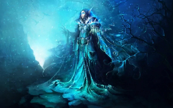 A mystical elf stands amidst a glowing blue backdrop, draped in a flowing robe, exuding an aura of magical energy. This HD wallpaper captures a enchanting fantasy scene.