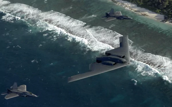 A striking HD wallpaper featuring military stealth aircraft soaring above scenic ocean waves, showcasing advanced technology and dynamic aerial movement.