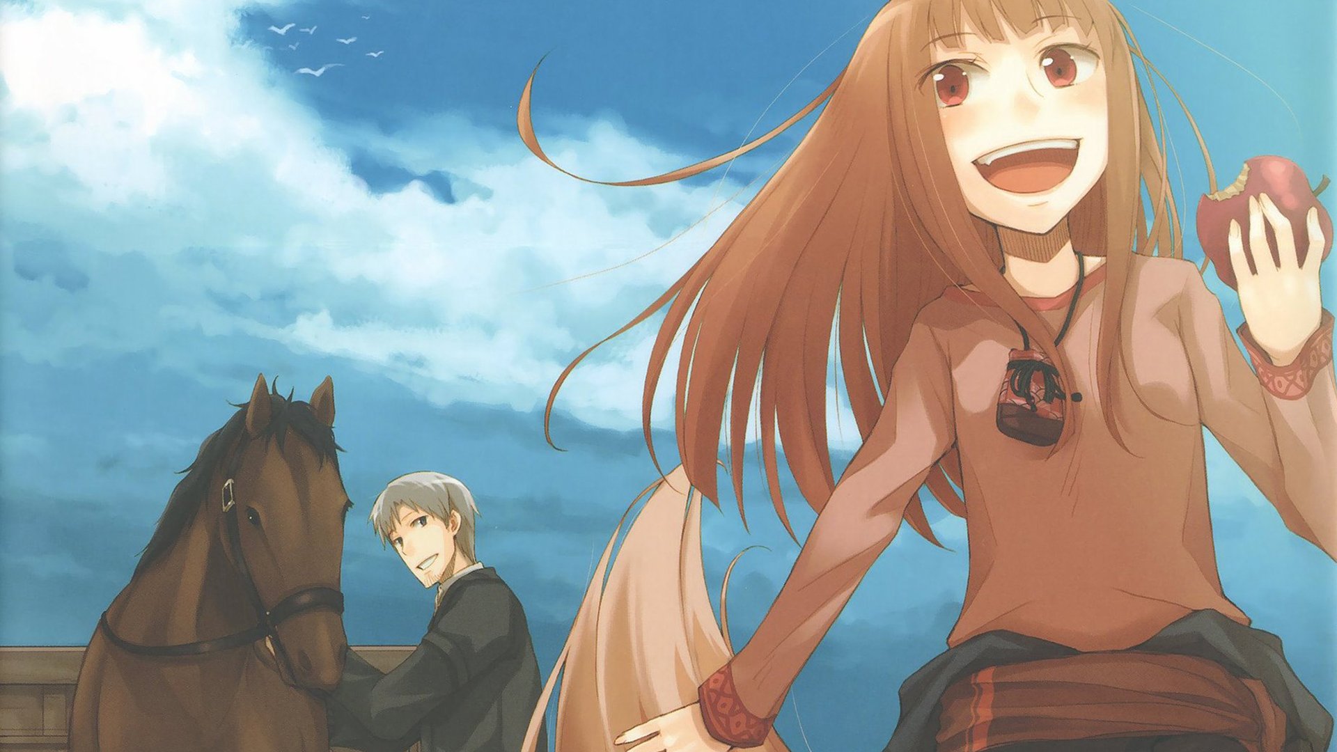 HD anime desktop wallpaper featuring Holo and Kraft Lawrence from Spice & Wolf, set against a blue sky with a horse in the background.