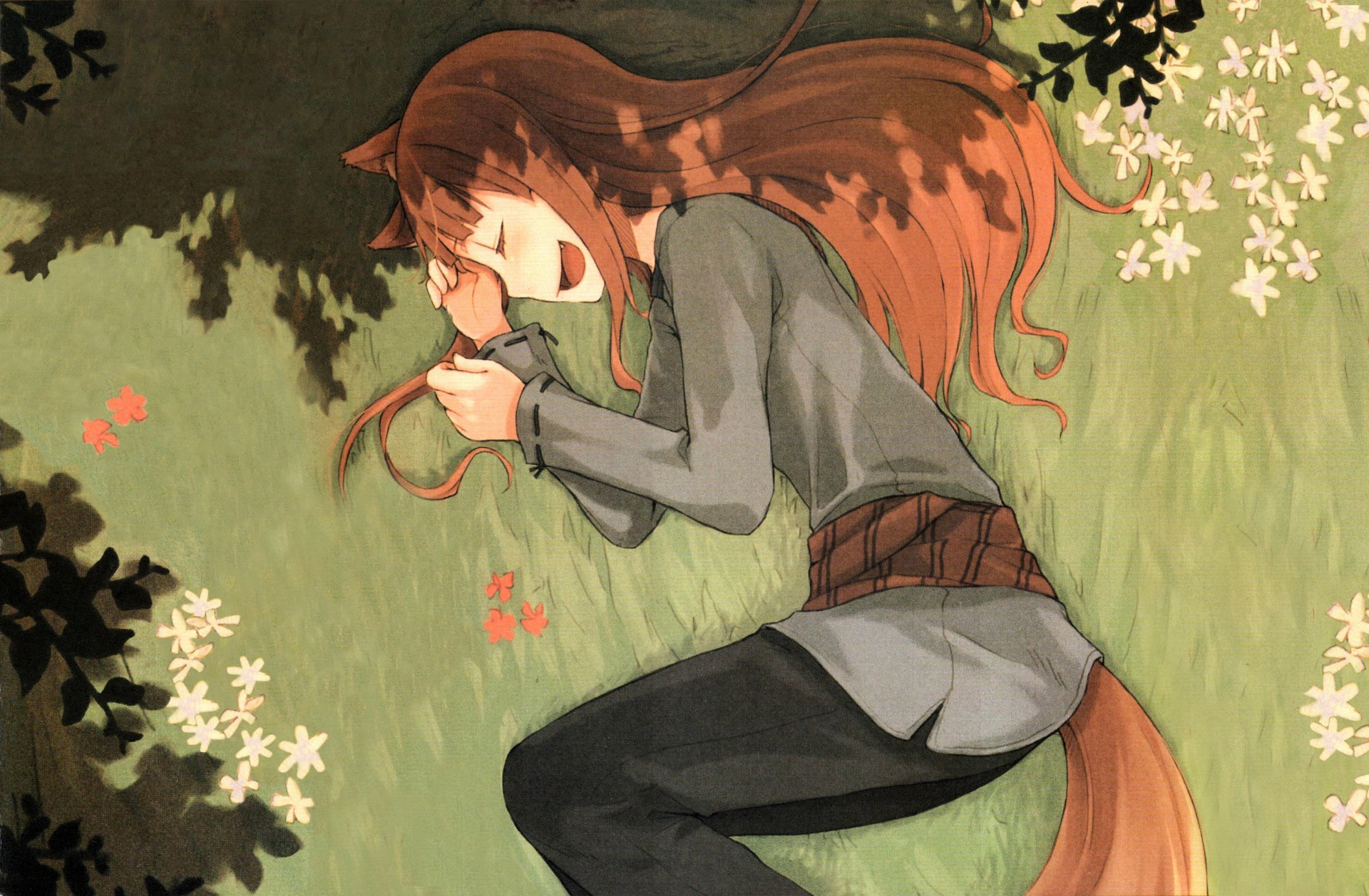A serene 4K Ultra HD wallpaper featuring a character from Spice and Wolf, resting on the grass with a joyful expression, surrounded by flowers and dappled sunlight.