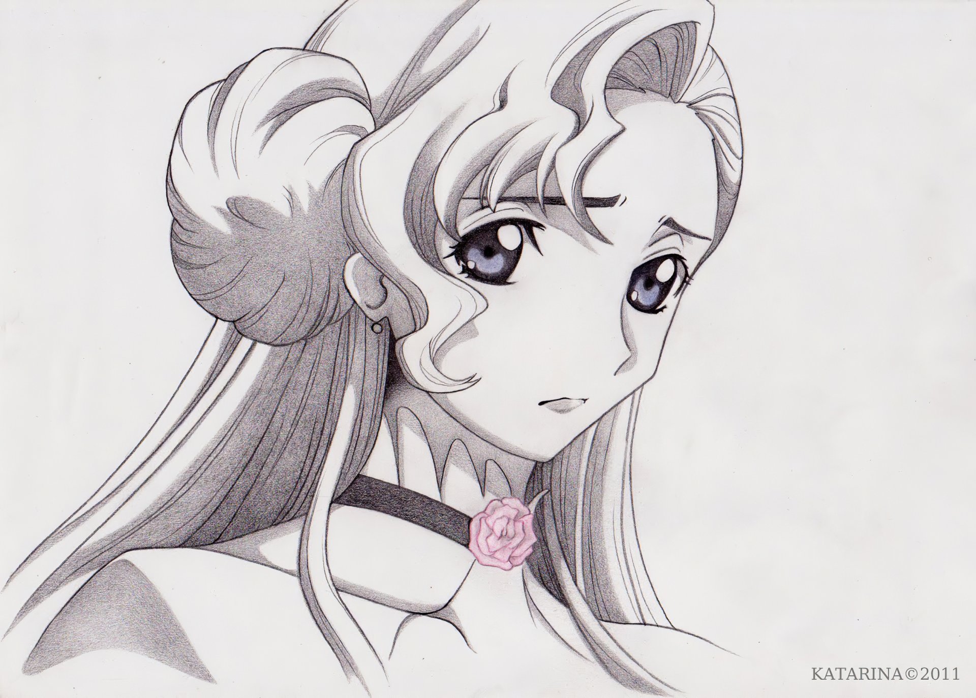 2K Quad HD PC desktop wallpaper: monochrome anime portrait of Euphemia Li Britannia from Code Geass, gentle expression, flowing hair in a bun and a small rose choker.