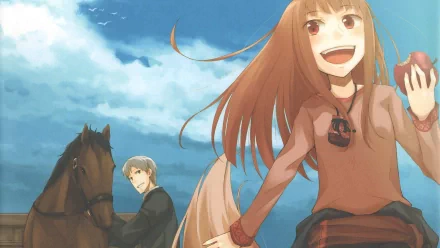 HD anime desktop wallpaper featuring Holo and Kraft Lawrence from Spice & Wolf, set against a blue sky with a horse in the background.